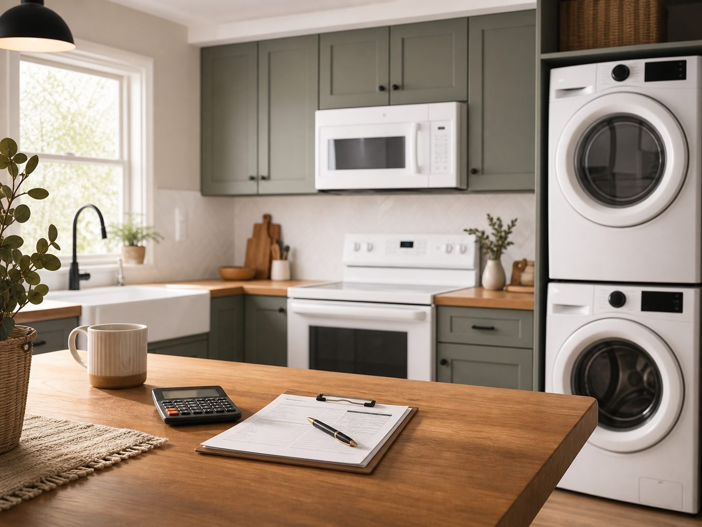 Cocina con electrodomésticos blancos, calculadora y presupuesto sobre una encimera de madera